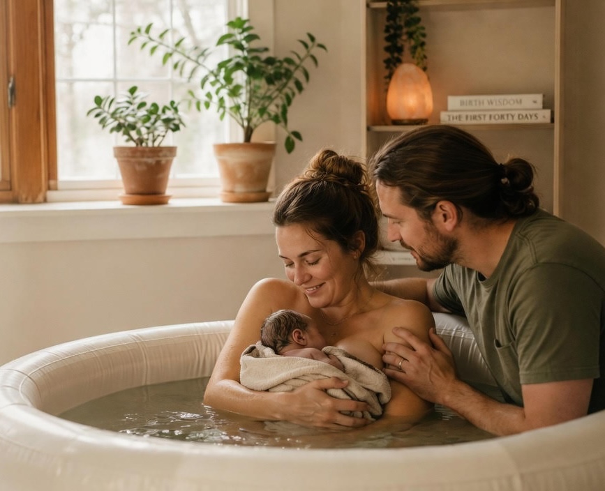 A couple gently holding their newborn in a warm birthing bath