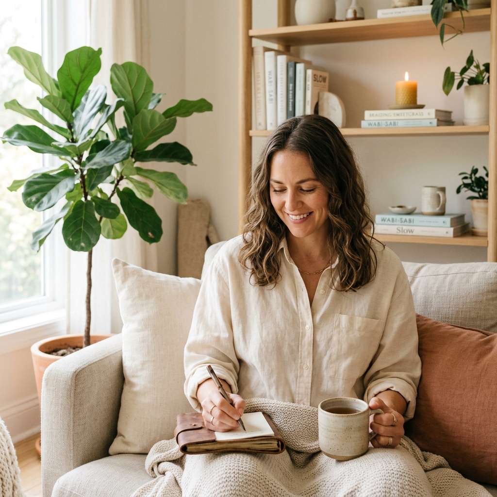 Kyler Klatt writing in a journal on a cozy sofa