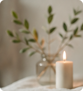 A lit candle beside a vase of greenery.