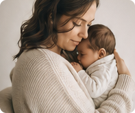 Mother cradling her newborn close.
